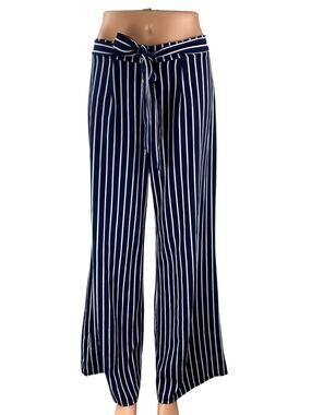 Shop 17 Womens Blue Stripe High Rise Tie Waist Palazzo Wide Leg Trousers Pants M